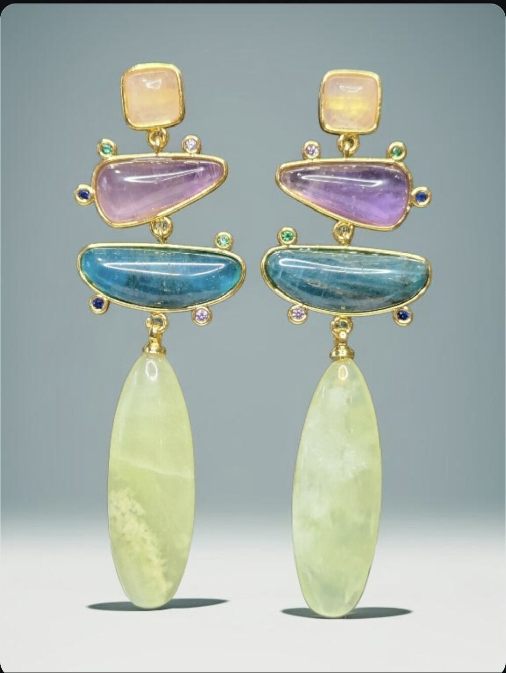 18k Gold Plated Natural Rose Quartz Amethyst Apatite Serpentine Crystal Earrings